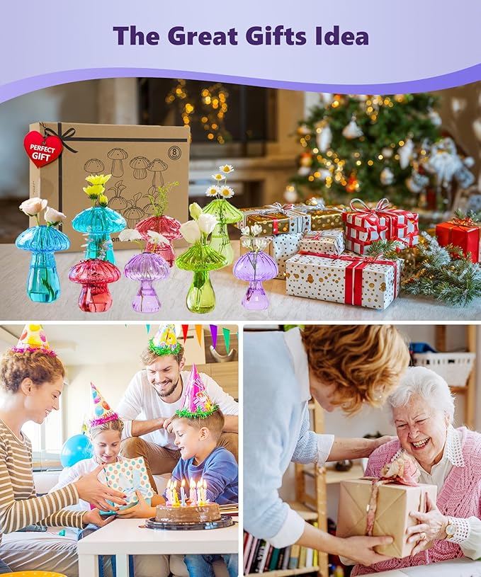 Nacome Mushroom Glass Propagation Station for Plants: Set of 8 Colored Vases Terrarium Kit for Home Office Indoor Hydroponics Decor - Birthday Gifts for Women Mom Grandma