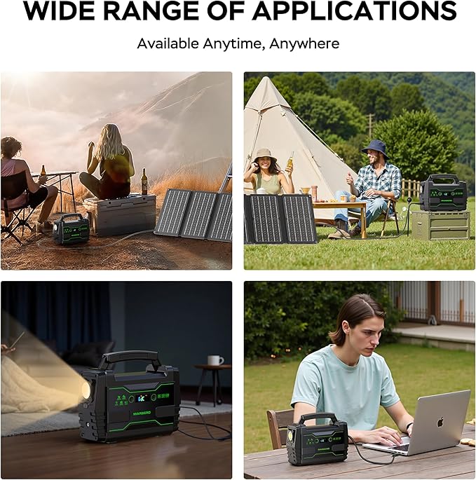 MARBERO Solar Powered Generator 155Wh with 30W Foldable Solar Panels 100W AC Output Lithium Battery Portable Power Station with AC DC and USB Outputs for Camping Emergency Home Backup Blackout Hiking