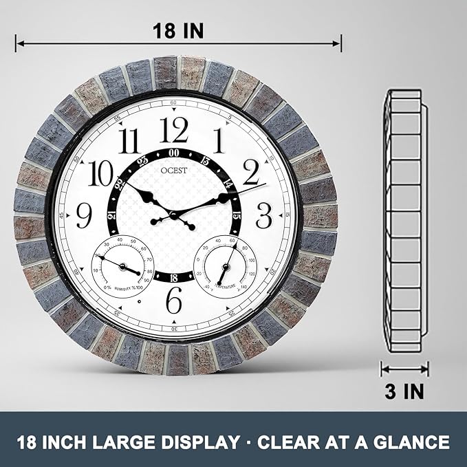 OCEST 18 Inch Large Outdoor Clock Waterproof Thermometer Hygrometer Combo Night Light Illuminated Wall Clocks Battery Operated Silent Non-Ticking Ideal Patio Clock for Garden Pool Porch Yard Garage