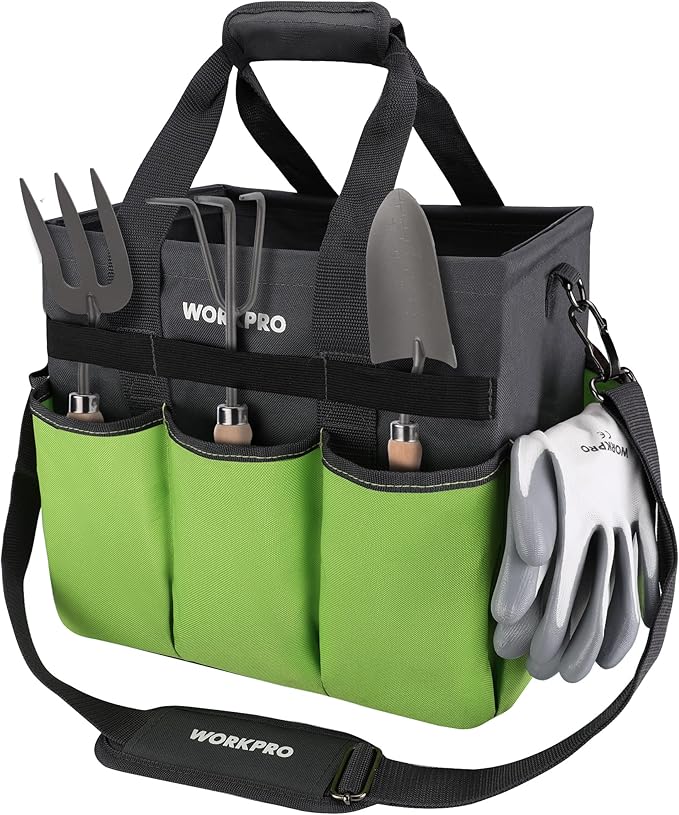 WORKPRO Garden Tool Bag Organizer, Heavy Duty Gardening Tote Bag with 10 Pockets and Long Adjustable Shoulder Strap, Standable Garden Home Tool Kits Organizer, Green (Tools are not included)