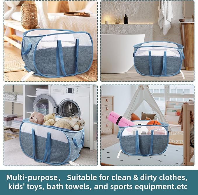 2 Pcs Collapsible Laundry Baskets, Tear Proof Pop Up Laundry Hamper with Dual Handles, Durable Foldable Laundry Basket, Easy to Carry Laundry Hamper for Home, Laundry Room, Bedroom, Dorm, Travel Blue