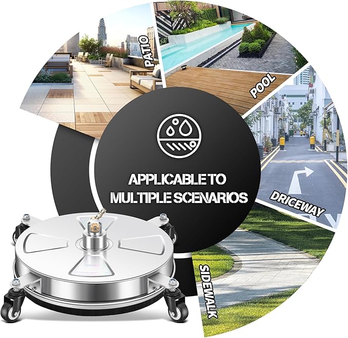 15" Pressure Washer Surface Cleaner with 4 Wheels - Stainless Steel Surface Cleaner for Pressure Washer Attachment for Concrete, Patio, Sidewalk, Deck, Driveways and Daily Washing - PWS 15