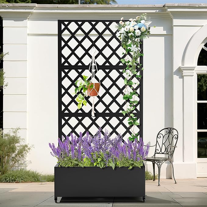 Metal Planter Box with Trellis, Heavy-Duty Raised Garden Bed for Climbing Plants, Drainage Hole, Outdoor Planter Box with Privacy Screen，35''L×16''W×71''H