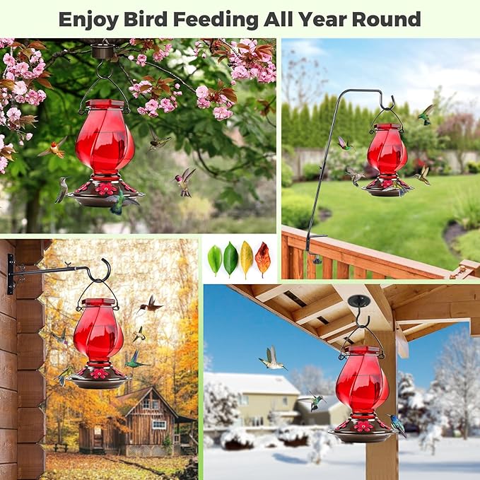 Hummingbird Feeder, BOLITE Glass Hummingbird Feeders for Outdoors Hanging, with Ant Moat and Five Feeding Ports, 22 Ounces, Leak Proof, Red, Birthday Gifts for Women Men, Gifts for Mom Dad