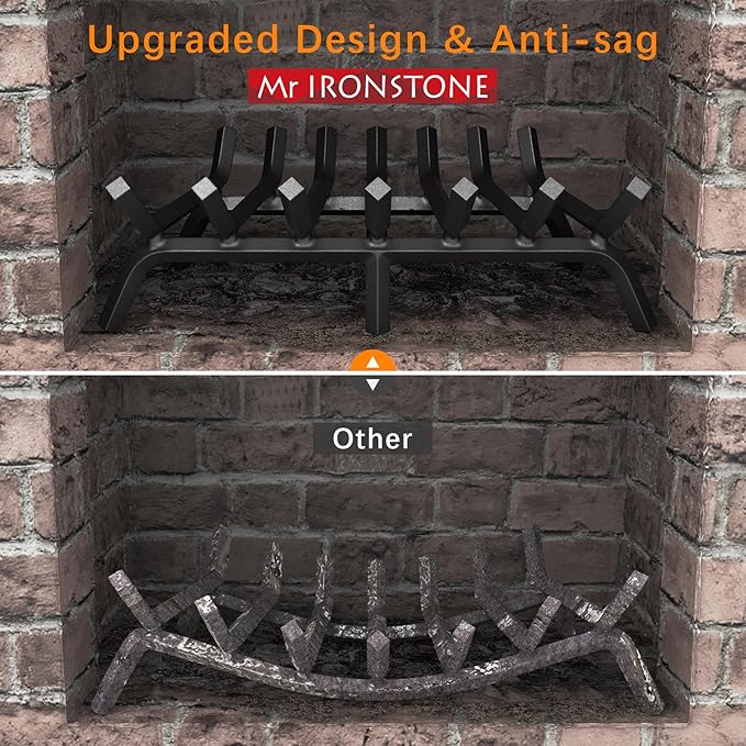Mr IRONSTONE Fireplace Grate 30 inch Solid Steel Heavy Duty Firewood Log Burning Rack Fire Grates for Outdoor Kindling Tools Pit Indoor Fireplace Log Holder Wrought Iron Wood Stove