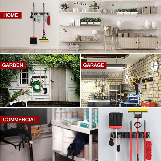 LETMY Broom Holder Wall Mount - Mop and Broom Hanger Holder - Garage Storage Rack & Garden Tool Organizer - 5 Position 6 Hooks Broom Rack for Home, kitchen, Garden, Tools, Garage Organization - Black