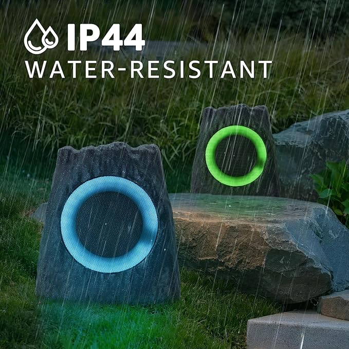 2-Pack Rock Speakers Outdoor Water-Resistant Solar Powered Patio Speaker with 3 Mode Lights and Pair System and USB Rechargeable for Pool Outside Garden Yard Deck