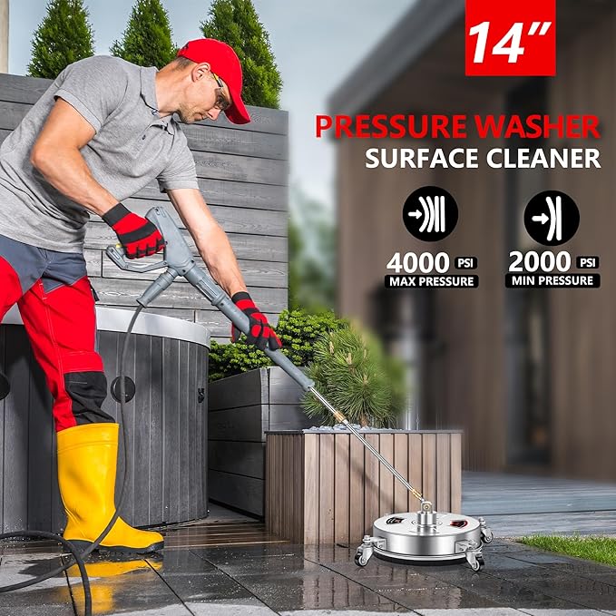 14" Pressure Washer Surface Cleaner with 4 Wheels - Stainless Steel Surface Cleaner for Pressure Washer Attachment for Concrete, Patio, Sidewalk, Deck and Driveways