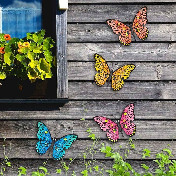 Metal Butterfly Wall Decor - 9.6" Outdoor Fence Wall Art Decor, Hanging Decoration for Garden Yard Living Room Bedroom Patio Balcony(4 Pack)