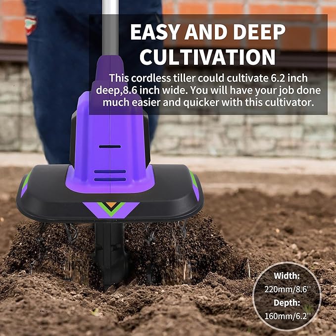 20V Cordless Tiller Cultivator,48 Steel Tines Garden Tiller,8.6 inch Wide Battery Powered Garden Cultivator,(2AH Battery and Charger Included)