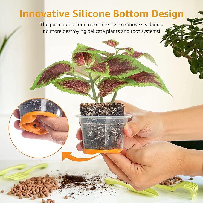 MIXC 30 Packs 4" Reinforced Clear Nursery Pots with Silicone Base for Easy Transplant, Transparent Plastic Plant Pot Reusable Seedling Pots Seed Starter Pots Flower Pot, Orange