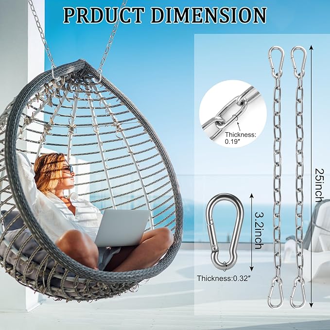 2 Pack 25in Hanging Swing Chain with 4 Carabiners, 550LB Capacity Hanging Kits Heavy Duty Hanging Chair Hardware for Hammock Swing Hanging Chair Punching Bags Sandbag Indoor Outdoor Yoga Gym (Silvery)