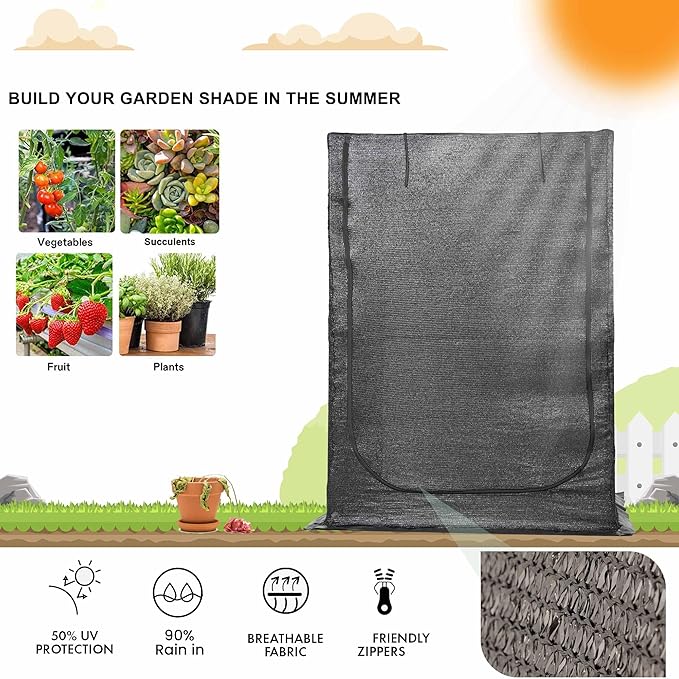 Portable Large 4'x4' Sunshade Cloth Gardening Net,Easy Set up Crops Shade Net 5.7FT Tall Cover, UV Resistant Plant 80% Sunblock for Vegetables,Fruits and Mini Flower Pot with Stakes