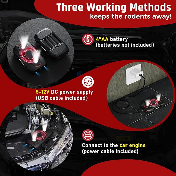 Rodent Repellent for Car Engines - Ultrasonic Mouse Repellent Under Hood, Upgraded 4 LED Strobe Lights, Plug-in & Battery Powered, Keep Rodents Out of Car, RV, Garage, Room, Indoor, Outdoor, 2 Pack