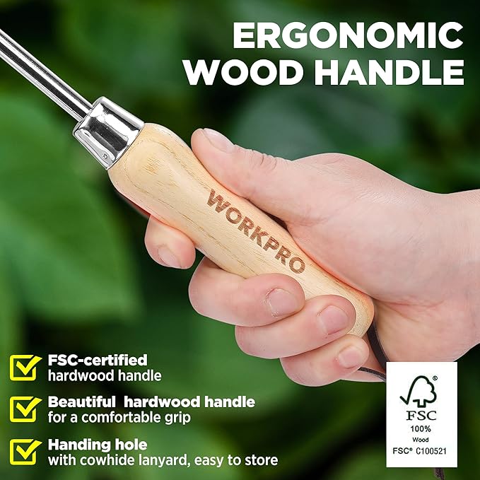 WORKPRO Dandelion Weeder Puller Tool with Wood Handle, Polished Stainless Steel Garden Weed Remover Tool, Two-Pronged Fork Weeder Tool for Lawn Farmland Transplant Gardening Plant Tool
