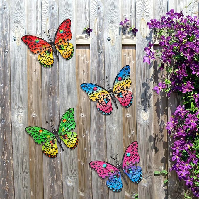 Metal Butterfly Wall Decor - 9.6" Outdoor Fence Wall Art Decor, Hanging Decoration for Garden Yard Living Room Bedroom Patio Balcony(4 Pack)