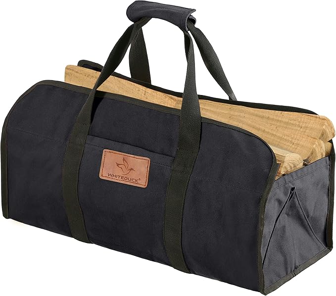 WHITEDUCK TUFF Large Firewood Carrier 21 Oz. Heavy Duty Waxed Canvas Log Carrier Holder for Fireplace, Carrying Wood Indoor & Outdoor (Black, Tote Shape (23"x10"x12"))