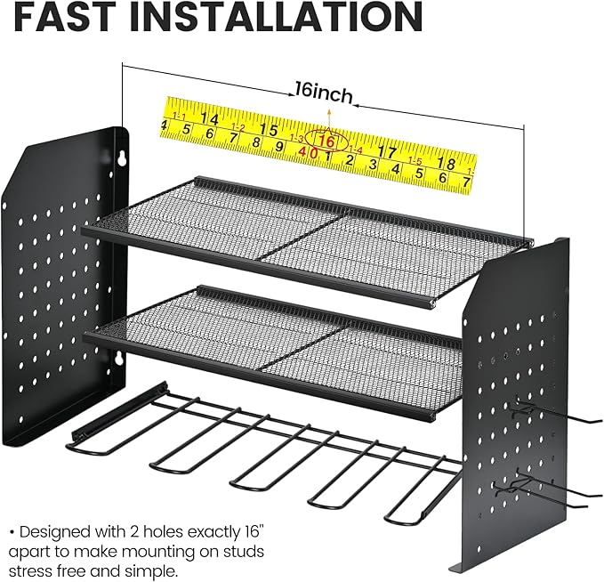 TRZZ Power Tool Organizer Wall Mount, 3-Layer Drill Holder with 2 Side Pegboards, Cordless Drill Rack with 4 Hooks, Efficient Storage for Workshop, Garage, and Tool Room (Black)