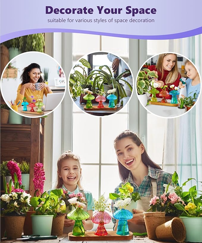 Nacome Mushroom Glass Propagation Station for Plants: Set of 3 Colored Vases Terrarium Kit for Home Office Indoor Hydroponics Decor - Birthday Gifts for Women Mom Grandma