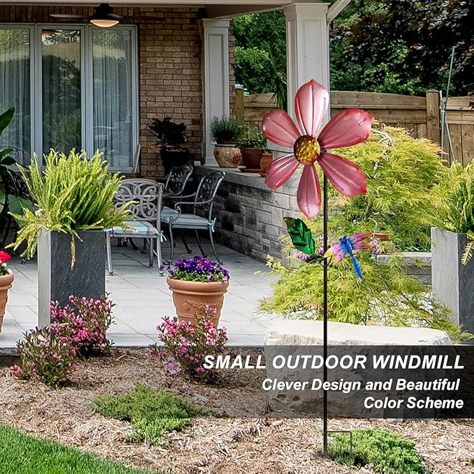 Metal Outdoor Flower Wind Spinner with Pink Floral & Gold Dragonfly, Decorative Kinetic Wind Sculpture for Yard, Garden, Patio, Lawn - Vibran Garden Art & Lawn Ornament for Outdoor Decor