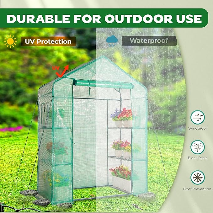 IDZO Walk in Greenhouse, Outdoor Greenhouse with Durable PE Cover & Sturdy Steel Frame for All Seasons, Convenient Rollable Door, Anchor & Rope Included for More Stable Stand, Easy to Install