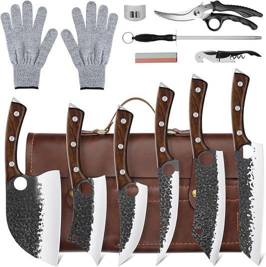 Purple Dragon Butcher Knife Set, 12 Pcs Kitchen Knives Set - Hand Forged Serbian Meat Cleaver Boning Viking Knives, Knives Set with Roll Bag for Home Cooking BBQ, Gifts for Dad Fathers
