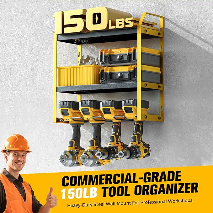 Power Tool Organizer Wall Mount with Extra Drill Holder, Yellow & Black Garage Storage Combo with Battery Storage, 4 Drill Slots Total, Heavy Duty Steel Tool Rack for Workshop Garage