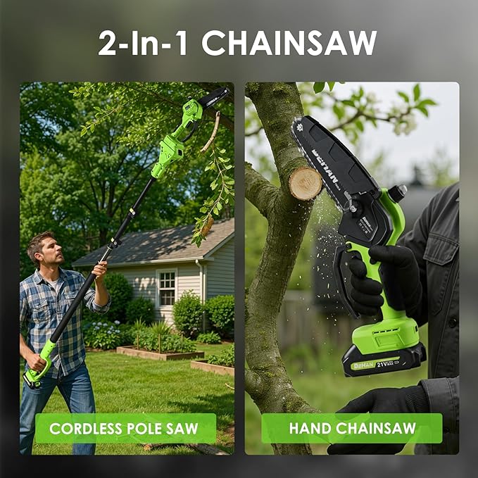 2 IN 1 Electric Pole Saw Brushless 21V Battery Chainsaw Cordless with Rotatable Pole 15FT Max Reach, Shoulder Strap, Powered Pole Saw for Tree Trimming and Wood Cutting Tool -- Green