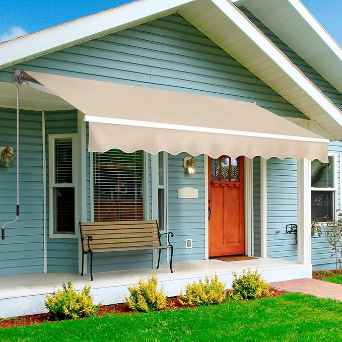 Yaheetech 10 × 8 Ft Patio Awning, Retractable Sun Shade Awning with Manual Crank Handle, Manual Aluminum Deck Awning for Patio/Balcony/Yard, 280g/m² Polyester, Beige