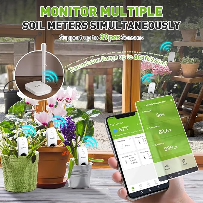 RainPoint 3-in-1 Smart Wireless Soil Moisture Meter for Plants Indoor/Outdoor Without Hub, WiFi APP Temperature Sunlight Sensor for Gardening Lawn Houseplants Monitor Hygrometer