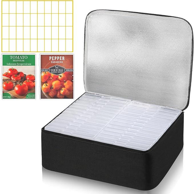 26 Slots Seed Storage Organizer Box with Insulated Bag That Holds 80-200 Seed Envelopes, Oxford Cloth Garden Seed Containers with Labels, Seed Packet Organizer for Plant, Flower ,Vegetable Seeds