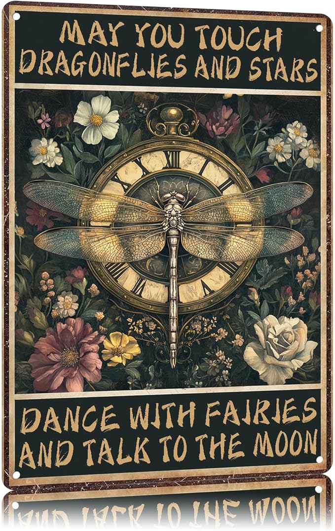 Funny Sign May You Touch Dragonflies And Stars Dragonfly Metal Tin Sign Retro Wall Decor for Kitchen Cafe Garage Gate Bar Garden 12×8 Inch
