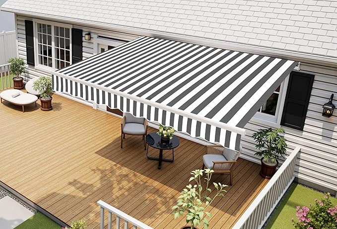MCombo 11.5x9.5 Feet Manual Retractable Patio Door Window Awning Sunshade Shelter Outdoor Canopy, 1210 (Grey with White Stripes, 11.5'(L) x 9.5'(W))