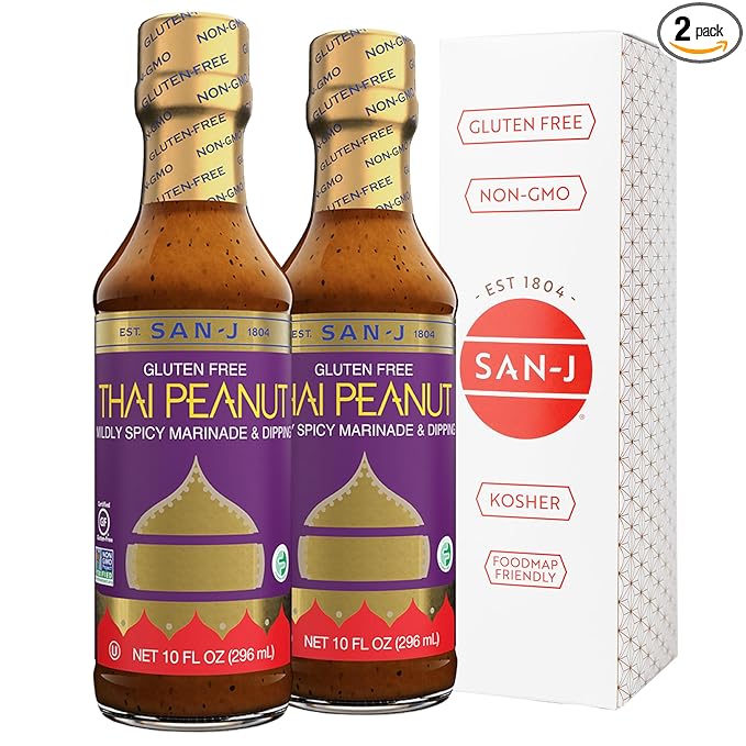 San-J - Gluten Free Thai Peanut Sauce -Traditional and Tasty Cooking Sauce - Non-GMO - 10 oz. Bottles - 2 Pack