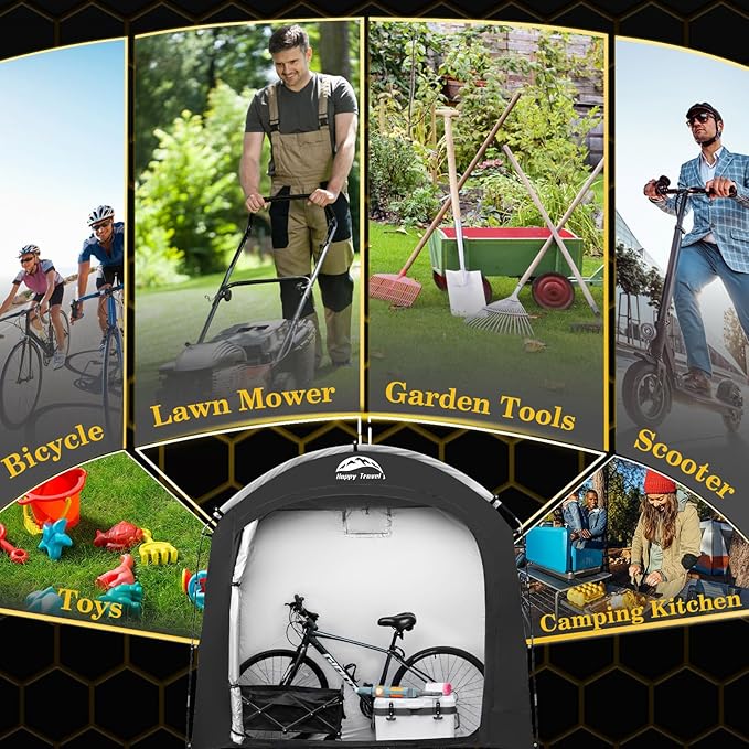 Happy Travel Bike Storage Shed Tent, Waterproof Portable Bicycle Cover with 30% More Top Storage Space for 2/3/4/5 Bikes,Clips Easy Setup Outdoor Sheds Shelter for Motorcycle, Garden Tools, Lawn Mower