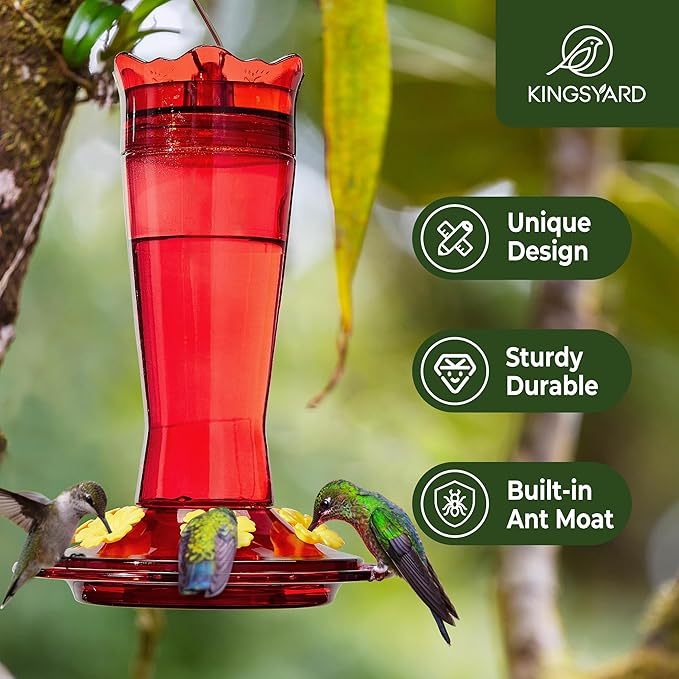Kingsyard Glass Hummingbird Feeder for Outdoors Hanging - 6 Bee Guard Feeding Ports & Built-in Ant Moat, Wild Bird Feeder for Outside Garden Yard Patio 14 Oz, Red
