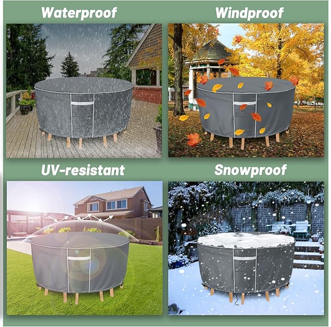 Gasadar Round Patio Furniture Covers Waterproof, Round Outdoor Furniture Cover for Patio Table and Chairs Set, Heavy Duty 600D, 84" Dia x 28" H, Grey