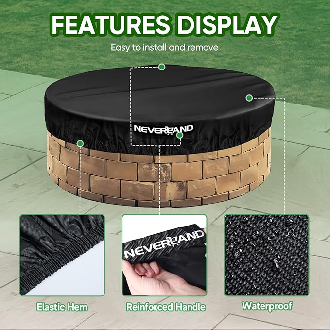 NEVERLAND Round Fire Pit Cover for In-Ground Fire Pits, 52-57 Inch Heavy Duty 600D Waterproof Outdoor Firepit Cover, Fits Built-In Stone Fire Pits, Black