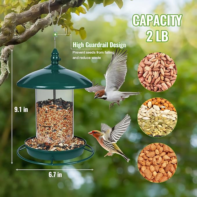 Metal Bird Feeder for Outside Hanging,Wild Bird Feeders for Cardinal, Large Roof and Tray - 6 Port