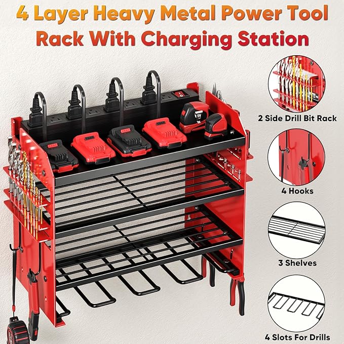 Power Tool Organizer Wall Mount with Charging Station,Tool Storage Rack with 8 Outlet Power Strip,Heavy Duty Metal Battery Utility Rack with 4 Cordless Drill Holder 6.56 Ft Cord for Garage