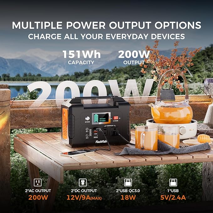 Flashfish 200W Portable Power Station 151Wh, 400W Peak Solar Generator with 110V AcOutlet, 2 DC & 3 USB Ports, Backup Battery for CPAp Camping, Home, Outdoor EmergencyPower supply