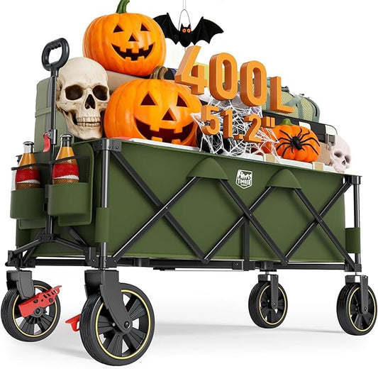 Timber Ridge 51.2'' Extended Collapsible Wagon Cart with Brakes and Cargo Net, Heavy Duty Foldable Utility Wagon with Adjustable Handle, 400L Capacity Portable Cart for Camping Sports Shopping