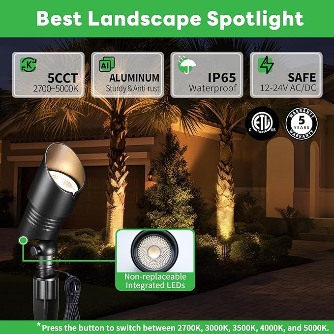 Outdoor Landscape Spotlights - 2700K/3000K/3500K/4000K/5000K Switchable White, LED Low Voltage Spot Lights Hard-Wired, IP65 Waterproof Uplighting, Black Aluminum for Backyard Fence 8 Pack