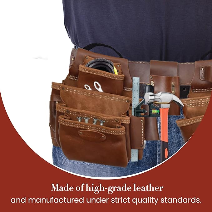 Style n Craft - 4 Piece and 19 Pockets Pro Framer’s Combo, Tool Belt with 2 Tool Pouches and 1 Pliers and Hammer Holder, Full-Grain Leather Carpenter Tool Belt Combo, Dark Tan (98444)
