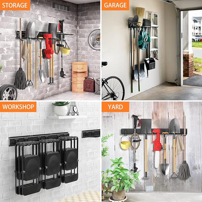 Garage Tool Organizer Wall Mount 11 PCS Garden Tool Organizer Adjustable Garage Organizers with 8 Heavy Duty Hooks, Max Load 500lbs Garage Storage for Yard Garden Tools, Shovels, Trimmers, Hoses