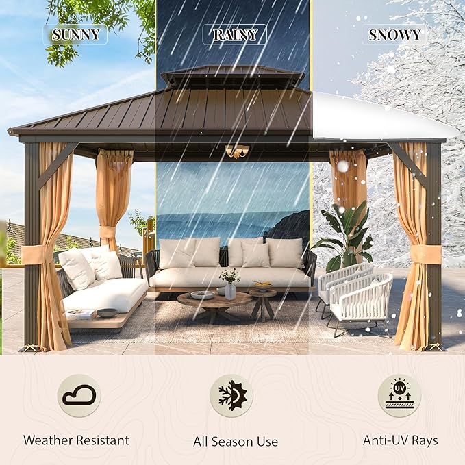 YOLENY 12' x 14' Gazebo, Hardtop Gazebo with Aluminum Frame, Double Galvanized Steel Roof, Curtains and Netting Included, Metal Gazebos Pergolas for Patios, Garden, Parties, Lawns
