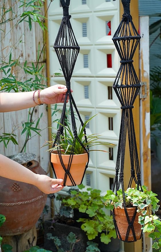 2Pcs Macrame Plant Hangers Indoor Macrame Hanging Planters Large for up to 10 inch Pot No Tassels Long Crochet Boho Plant Hanger Holder for Indoor Outdoor Plants Different Size 35”/39" (Black)