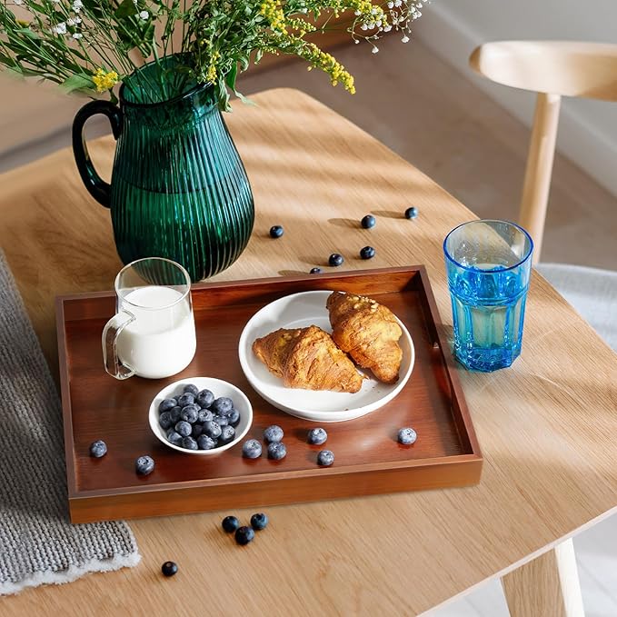 17 Inch Brown Serving Tray with Handles, Large Wooden Tray for Ottoman, Breakfast in Bed, Coffee Table, Dinner, Rectangular Wood Tray for Living Room Bedroom Entryway and Kitchen