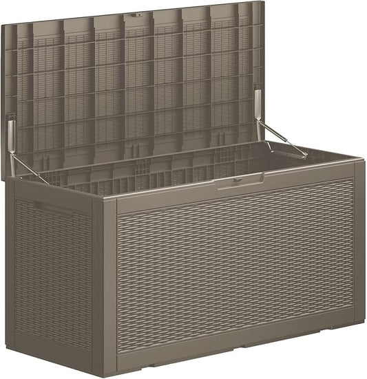 Multi-Functional 100 Gallon Patio Storage Bench - Waterproof Outdoor Deck Box & Storage Cabinet, Lockable Resin Chest for Pool/Garden Accessories, UV-Resistant, Weathered Grey