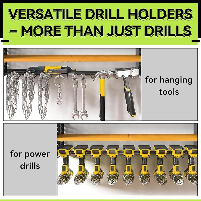KAFAHOM Power Tool Organizer with Charging Station,9 Drill Holder Wall Mount,4 Layer Durable Metal Cordless Drill Storage for Garage Organization,Battery Tool Rack Built in 7 Outlet Power Strip-Yellow